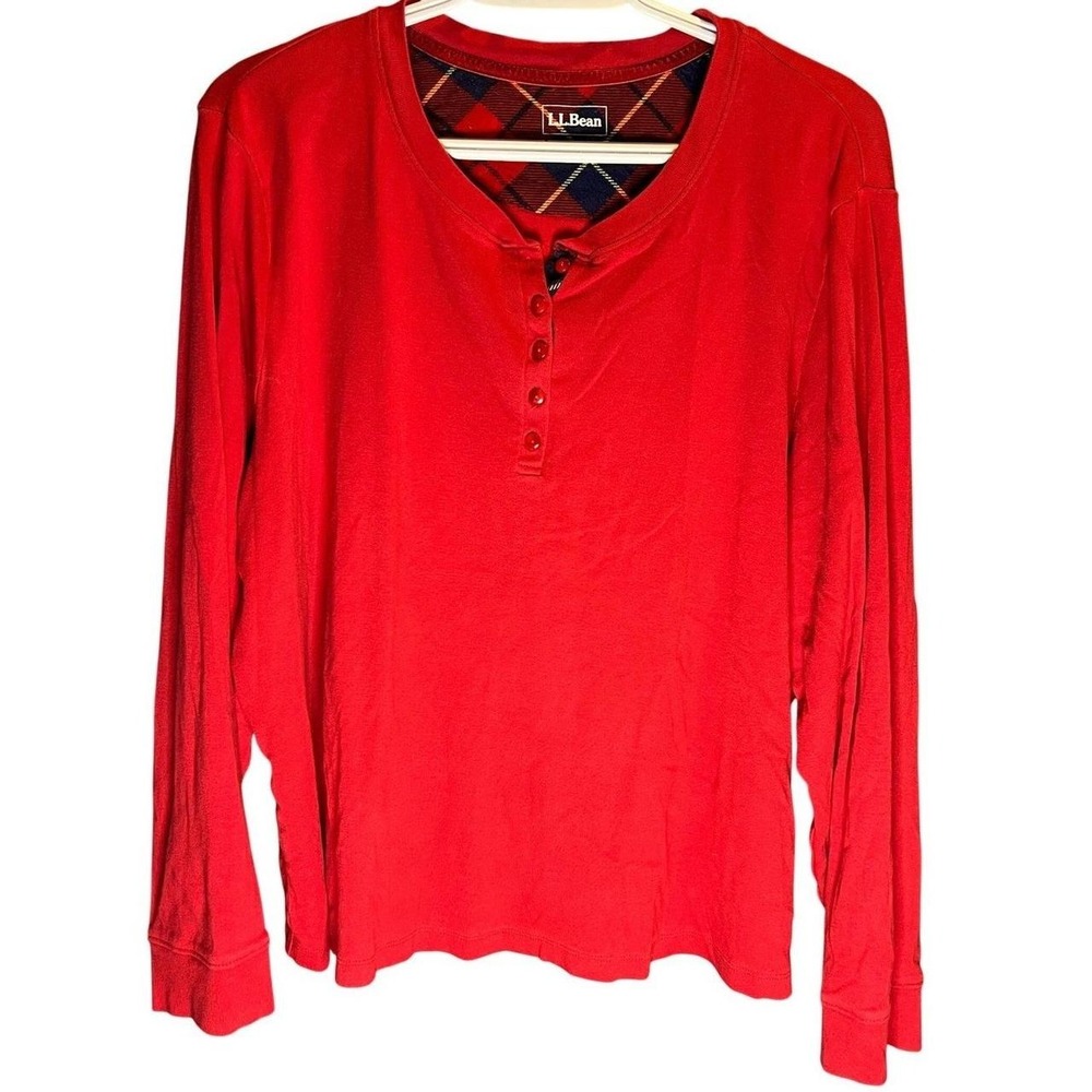 LL Bean Womens 2X Red Cotton Long Sleeve Henley Shirt Plaid Trim 503089